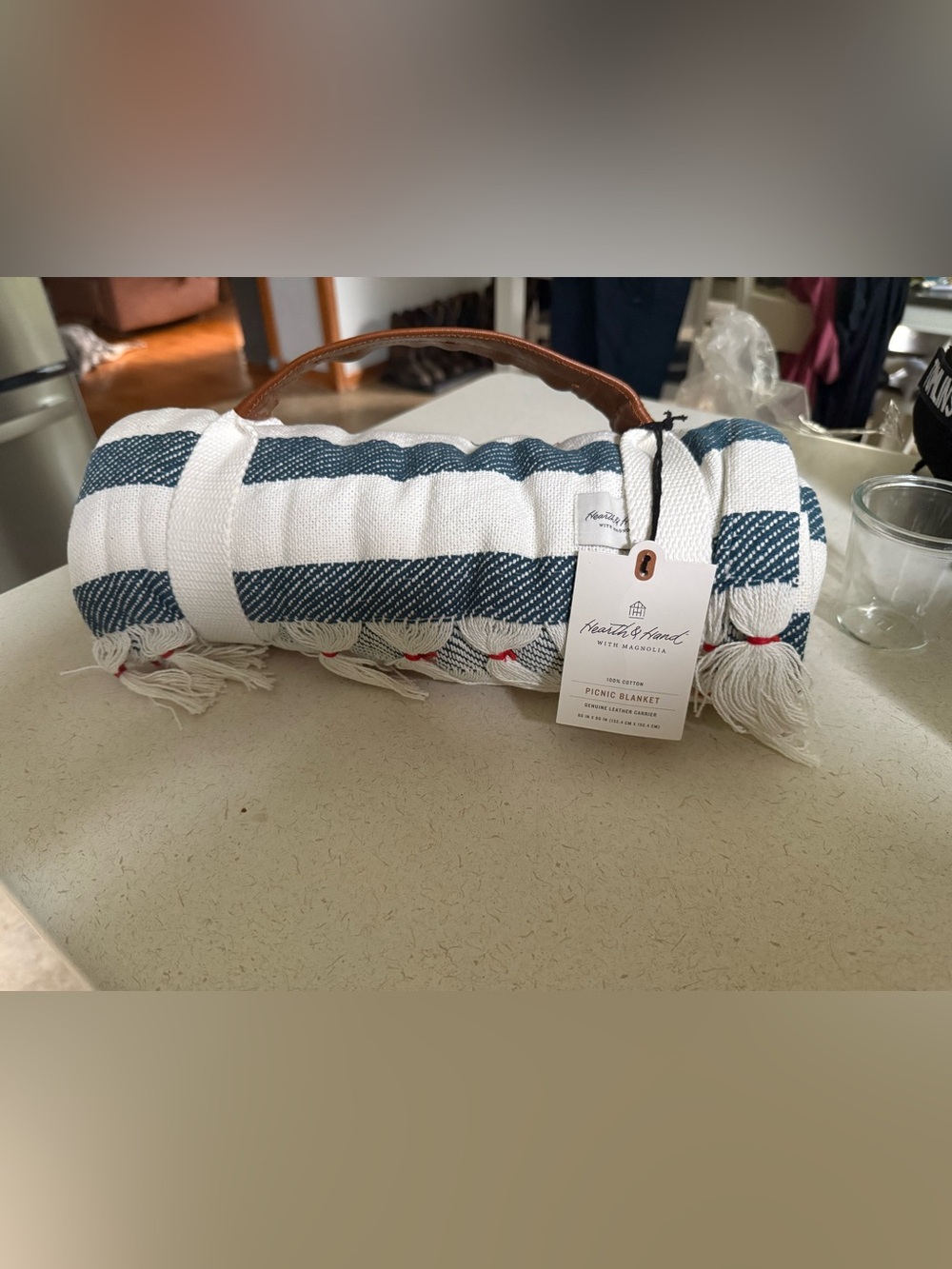 Hearth & Hand Navy and White Striped Picnic Blanket with Leather Handle